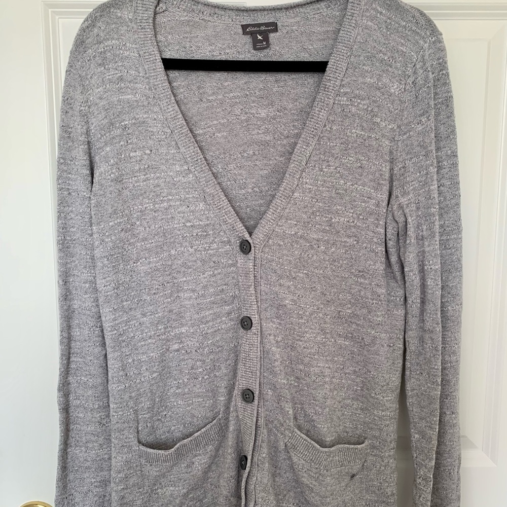 Gray Eddie Bauer Long Sleeve Cardigan. Super cozy and goes with almost anything!